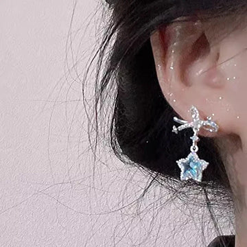 Daiiibabyyy Exquisite Blue Star Shaped Crystal Stud Earrings for Women Personalized Stylish Daily Accessories Party Jewelry Birthday Gifts